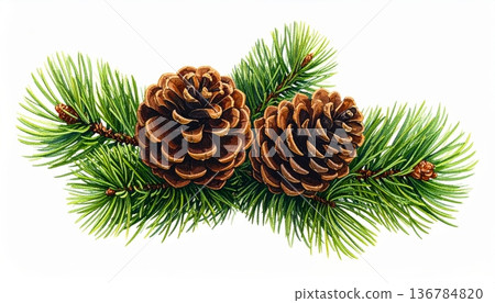A festive spruce branch adorned with a green pine cone and holiday ornaments brings the essence of a winter nature scene to this Christmas season decoration 136784820