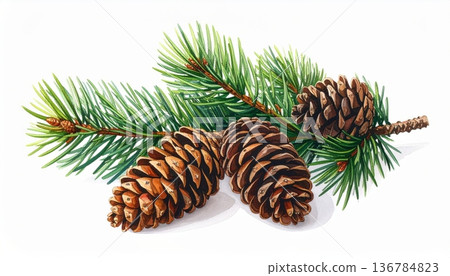 A festive spruce branch adorned with a green pine cone and holiday ornaments brings the essence of a winter nature scene to this Christmas season decoration A festive spruce branch adorned with a green pine cone and holiday ornaments brings the essence of a winter nature scene to this Christmas season decoration 136784823