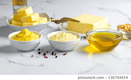A closeup of healthy baking ingredients including eggs and flour with a gourmet touch of yellow cream in a white bowl for a delicious vegetarian dessert 136784854