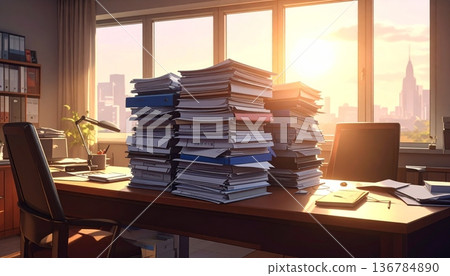 A large stack of old literature books and textbooks forms a colorful pile on a library desk, representing a wealth of knowledge and education through reading 136784890