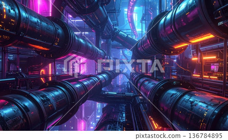 Heavy industrial manufacturing equipment and metal pipes automate the production of bottled wine, beer, and oil inside a modern engineering plant 136784895