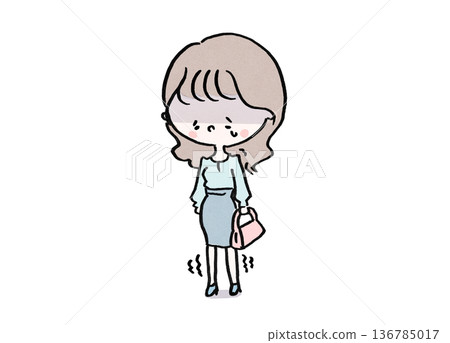 一名女子站著哭泣，雙腿因恐懼和焦慮而顫抖（恐慌、拒絕上班、心理健康問題的插圖） 136785017