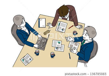 Business team meeting around a table with documents and a laptop 136785083