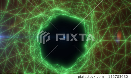 Green neon network vortex with a dark center and blue light point, abstract digital portal and data mesh background 136785680
