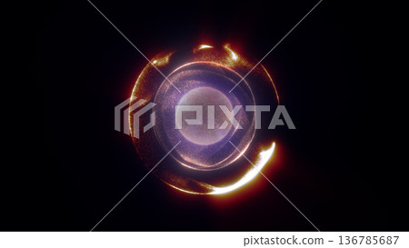 Glowing amber energy sphere with luminous rings and sparkling particles on a dark background 136785687