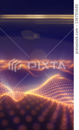 Glowing orange particle wave over dark blue space, futuristic digital landscape with bokeh and lens flare Glowing orange particle wave over dark blue space, futuristic digital landscape with bokeh and lens flare 136785689