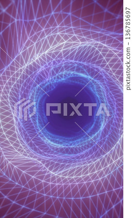 Glowing geometric neon grid forming a spiraling tunnel with bright blue and purple tones Glowing geometric neon grid forming a spiraling tunnel with bright blue and purple tones 136785697