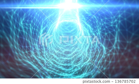 Bright cyan wireframe tunnel with lens flare and geometric network mesh, creating a futuristic digital portal and technology background Bright cyan wireframe tunnel with lens flare and geometric network mesh, creating a futuristic digital portal and technology background 136785702