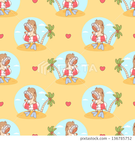 Seamless pattern Summer Horse in Swimming Diving mask and Fins with inflatable swim ring on Sandy on yellow background. Funny Animal Pony Kawaii Beachgoer character. Vector illustration Not AI 136785752