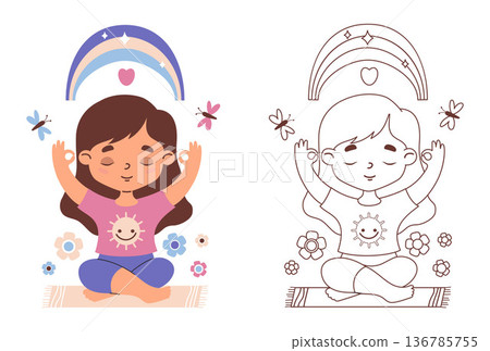 Kids Yoga. Girl Meditating. Child Yogi sitting under Rainbow set. Mental Health, Mindfulness, Sport and Hobby. Outline and color drawing, coloring book. Vector illustration. Not AI 136785755
