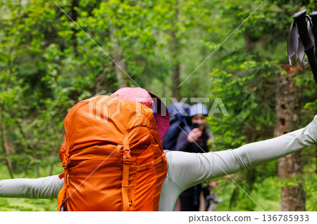 Exploring nature trails with friends on a bright day in the forest Exploring nature trails with friends on a bright day in the forest 136785933