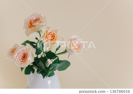 Tender Rose flowers in a vase on a pink pech pastel background. Tender Rose flowers in a vase on a pink pech pastel background. 136786038