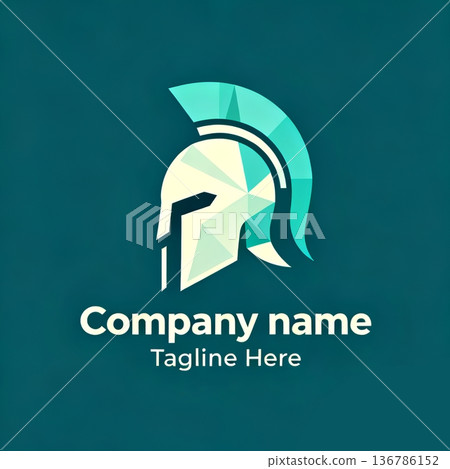 Geometric Spartan helmet logo in teal and cream, modern polygonal design for branding strength and tradition. 136786152