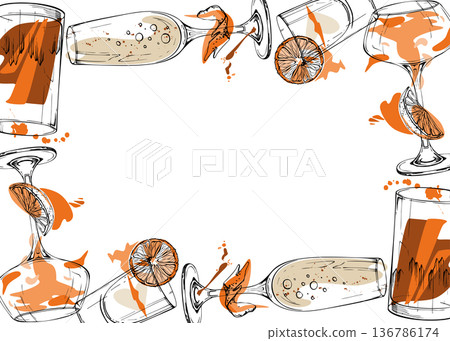 Vector frame of sparkling champagne, aperol spritz, Flatliner shot and whisky silhouettes in bright orange-red tones. Hand drawn in ink for event menus, celebration branding, party invites, packaging. Vector frame of sparkling champagne, aperol spritz, Flatliner shot and whisky silhouettes in bright orange-red tones. Hand drawn in ink for event menus, celebration branding, party invites, packaging. 136786174