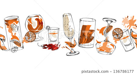 Festive vector banner of champagne sparkling wine, whiskey scotch and aperol spritz ink glasses, shots. Hand drawn seamless strip for celebration ribbons, event headers, menu dividers and packaging. Festive vector banner of champagne sparkling wine, whiskey scotch and aperol spritz ink glasses, shots. Hand drawn seamless strip for celebration ribbons, event headers, menu dividers and packaging. 136786177
