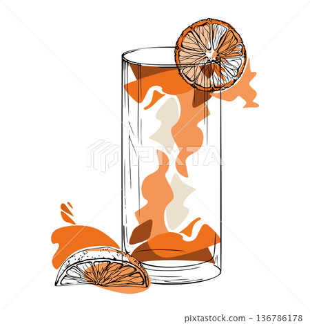 Stylized Long Island, iced tea, juice or lemonade drinks vector glass with orange slices garnish. Hand drawn ink outline, smooth gradients, clean edges. Drink infographics, event layouts, packaging. 136786178