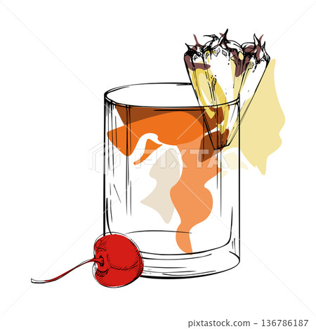 Mai Tai vector cocktail in tumbler glass hand drawn in ink, pineapple wedge and cherry, exotic juice. Warm tropical palette and crisp design. Perfect for bar, cafe branding, packaging, party visuals. Mai Tai vector cocktail in tumbler glass hand drawn in ink, pineapple wedge and cherry, exotic juice. Warm tropical palette and crisp design. Perfect for bar, cafe branding, packaging, party visuals. 136786187