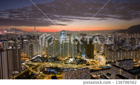 Golden sunset lights Choi Hung interchange and skyline Feb 5 2026 Golden sunset lights Choi Hung interchange and skyline Feb 5 2026 136786562