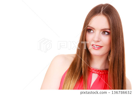 Woman charming girl long hair face makeup Woman charming girl long hair face makeup 136786632