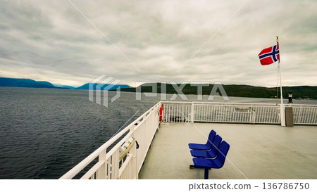 Ferry boat ride route to Lofoten islands Norway 136786750