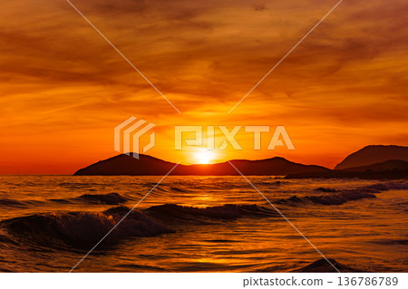 Sunset over sea, Calblanque beach, spain 136786789