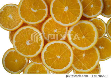 Sliced Oranges on Minimal White Background Sliced Oranges on Minimal White Background 136786892