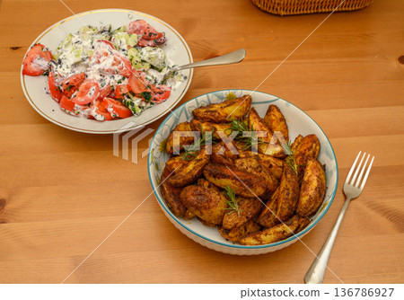 Oven-Baked Potato Wedges and Creamy Tomato Cucumber Salad Oven-Baked Potato Wedges and Creamy Tomato Cucumber Salad 136786927
