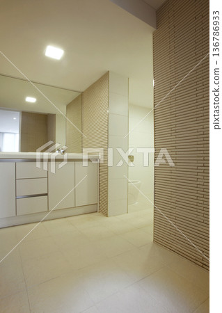 Modern Minimalist White Bathroom Interior. Modern Minimalist White Bathroom Interior. 136786933