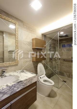 Modern Minimalist White Bathroom Interior. Modern Minimalist White Bathroom Interior. 136786938