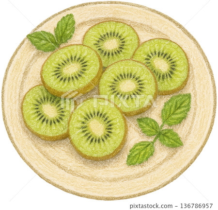 Hand drawn colored pencil kiwi fruit plate illustration, New Zealand food, transparent background 136786957