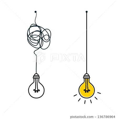 Continuous drawing of tangled wires with light bulbs in minimalist scribble style, symbolizing problem solving, creativity and idea generation, perfect for posters, presentations and educational 136786964