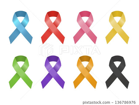 Awareness ribbon set with colorful cause awareness ribbons isolated on white background, clean vector symbols for charity campaigns, social causes, health support, fundraising, education, and public 136786976