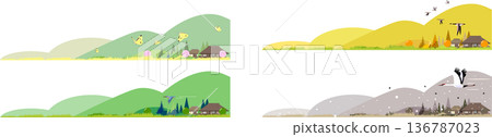Japanese four seasons landscape banner set: old thatched roof houses and Satoyama spring, summer, autumn and winter nature vector illustration 136787023