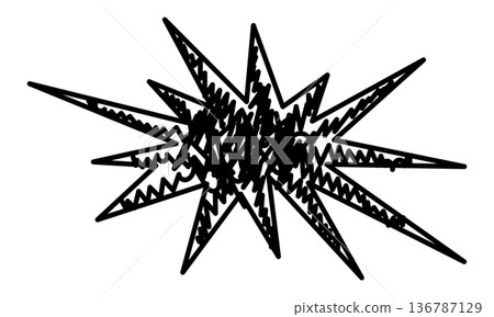 Abstract chaotic scribble explosion starburst black hand drawn doodle isolated on white background dynamic energy messy sketch symbol of stress noise confusion comic impact graphic element 136787129