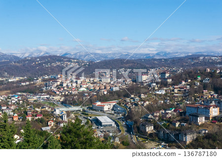 Panoramic aerial view of the city and distant mountains 136787180