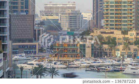 Amazing colorful dubai marina skyline during sunset timelapse 136787220