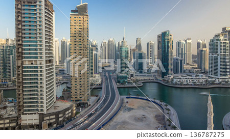 Amazing colorful dubai marina skyline during sunset timelapse Amazing colorful dubai marina skyline during sunset timelapse 136787275