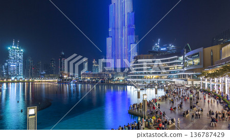 The biggest musical fountain in Dubai night timelapse. Dubai, UAE 136787429