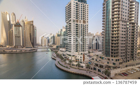 Amazing colorful dubai marina skyline during sunset timelapse 136787459