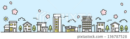Simple line cityscape illustration, cherry blossoms, banner size (background, light blue) Simple line cityscape illustration, cherry blossoms, banner size (background, light blue) 136787528