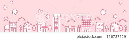 Simple line cityscape illustration, cherry blossom, banner size (background, pink) Simple line cityscape illustration, cherry blossom, banner size (background, pink) 136787529