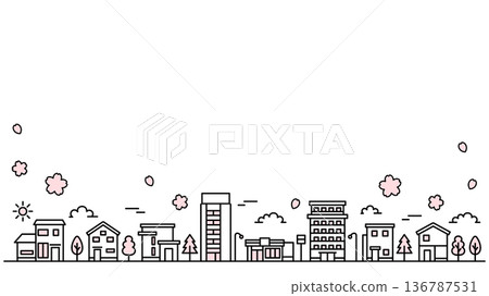 簡約線條描繪的城市景觀，櫻花盛開，寬幅 136787531