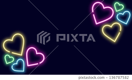 可愛的相框材質，深藍色背景上點綴著色彩繽紛的霓虹愛心。橫向 16:9 比例。非常適合情人節或其他場合。 136787582