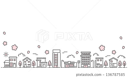 Thin line cityscape illustration cherry blossom wide size Thin line cityscape illustration cherry blossom wide size 136787585