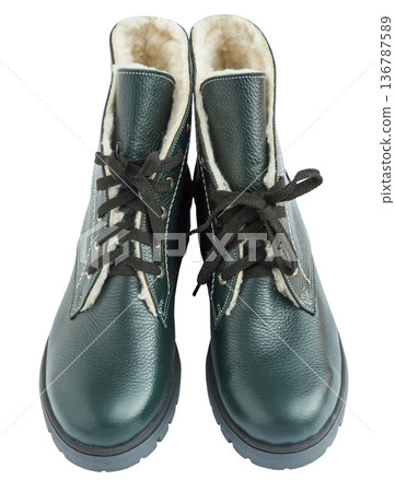 Pair of Green Leather Winter Boots isolated Pair of Green Leather Winter Boots isolated 136787589