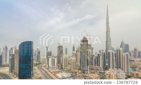 Downtown Dubai skyline with residential towers timelapse, view from rooftop. 136787728