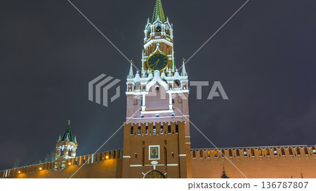 View of The Saviour Spasskaya Tower timelapse hyperlapse and Kremlin walls of Moscow Kremlin, Russia at night in winter. View of The Saviour Spasskaya Tower timelapse hyperlapse and Kremlin walls of Moscow Kremlin, Russia at night in winter. 136787807