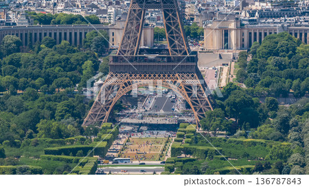 Aerial view from Montparnasse tower with Eiffel tower and Champ de Mars timelapse in Paris, France. 136787843