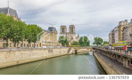 Notre Dame de Paris and Seine timelapse hyperlapse is the one of the most famous symbols of Paris 136787859
