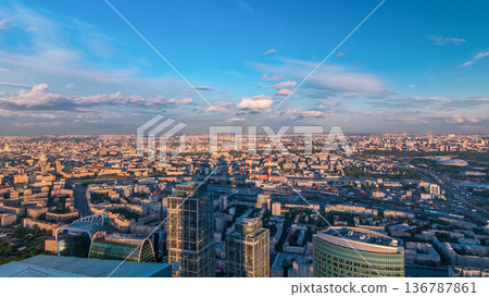 Aerial top view of Moscow city timelapse at sunset. Cityscape from the observation platform Aerial top view of Moscow city timelapse at sunset. Cityscape from the observation platform 136787861
